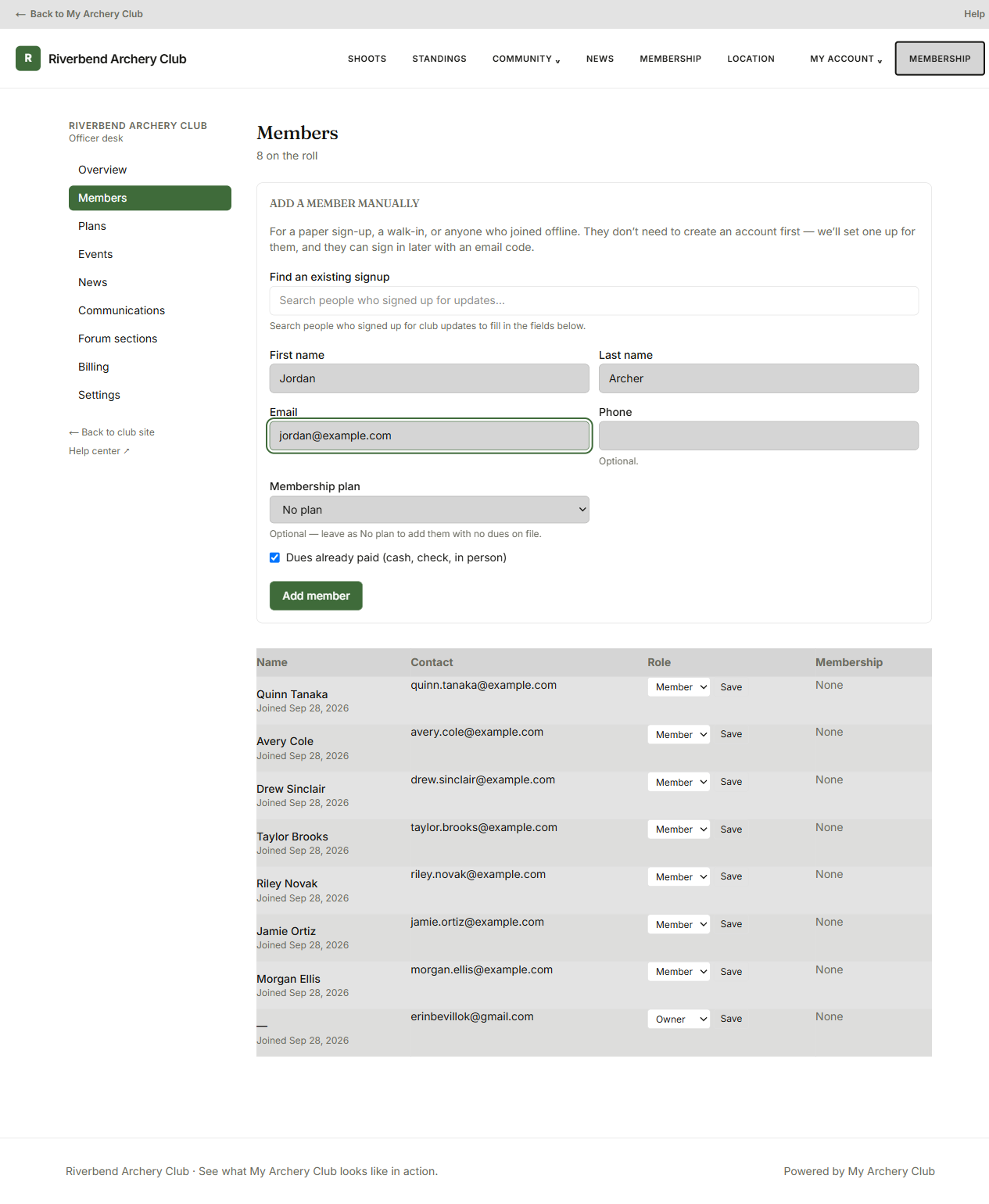 The Add a member manually form filled in with a sample name and email, and the Dues already paid checkbox