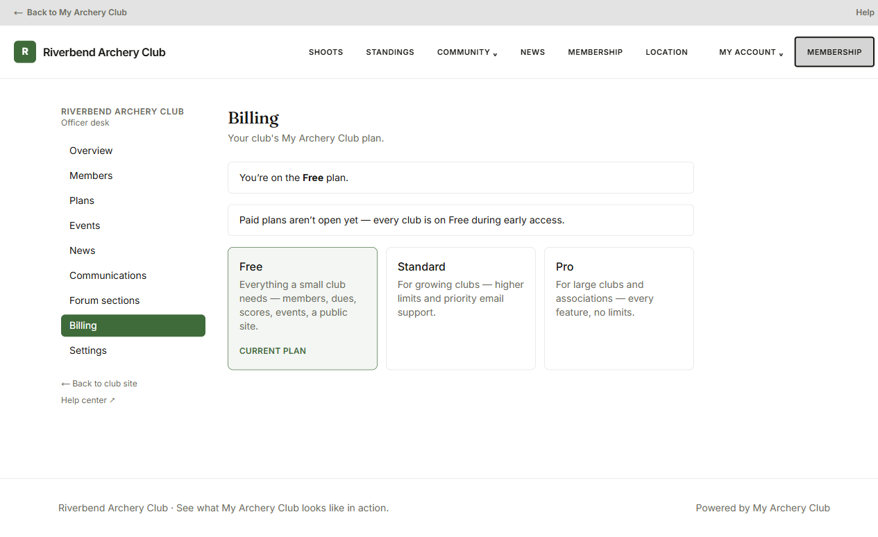 The Billing page showing the Free plan active, a note that paid plans aren't open yet, and the three plan tiers: Free, Standard, Pro