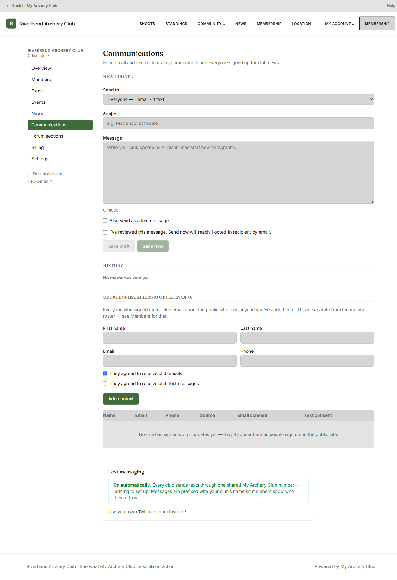 The Update subscribers section: an Add contact form and a table of contacts with their email and text consent status