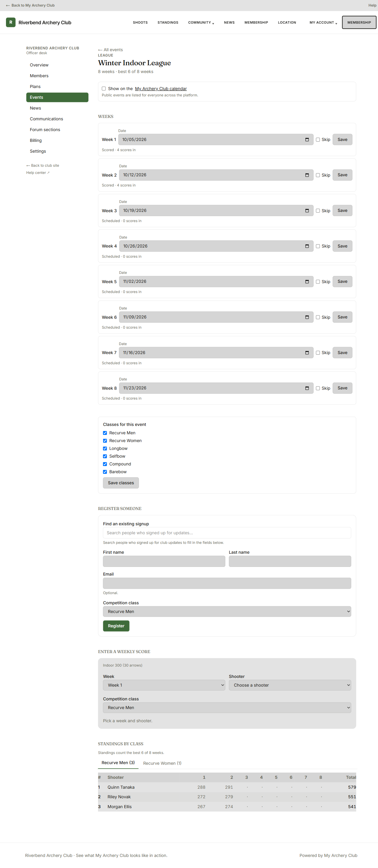 A league's admin desk: the weeks list with dates and skip checkboxes, classes, registration, weekly score entry, and standings by class with a weekly-columns table