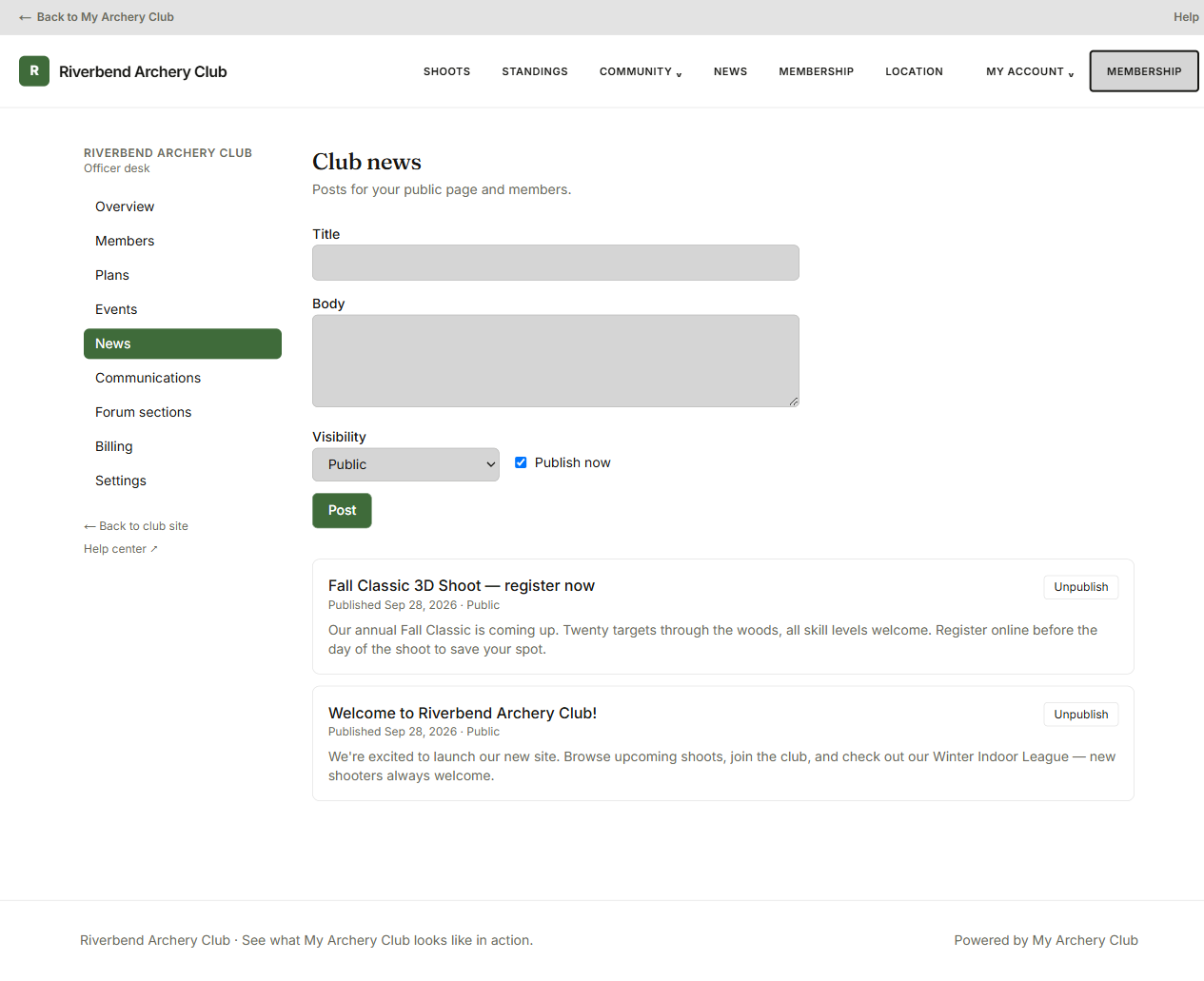 The News page listing existing posts with a form to write a new one