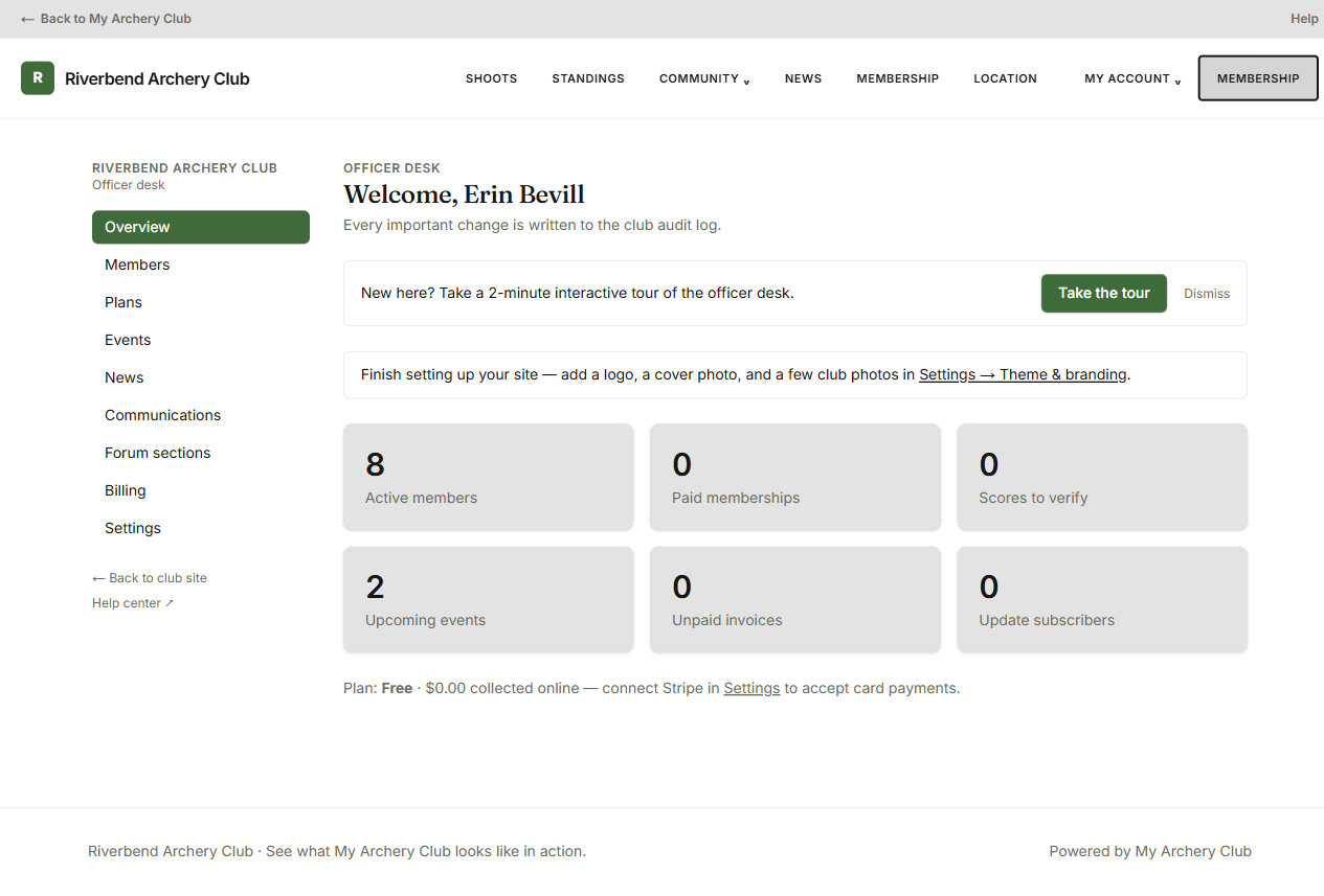 The officer desk Overview page, showing the sidebar of admin sections and six at-a-glance stat cards