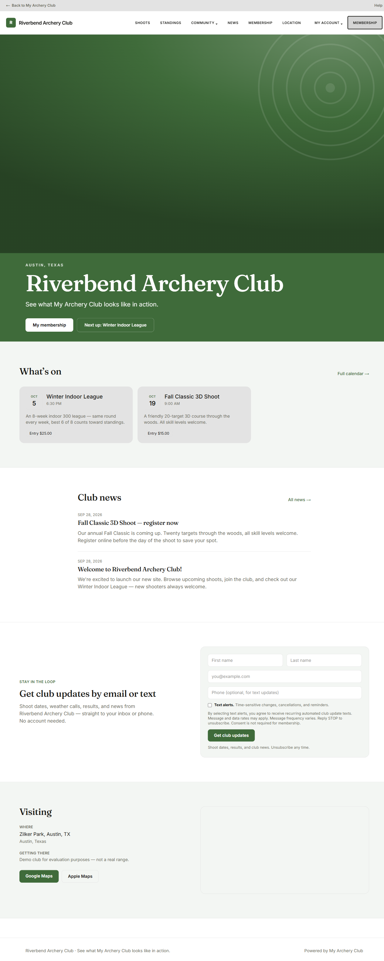 A club's public homepage, with the About section, upcoming events, an email/text signup form, and visiting hours with a map