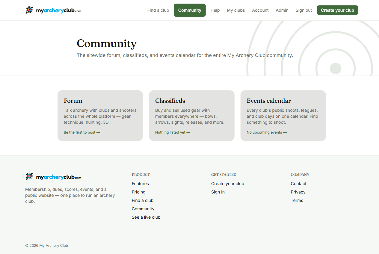 The sitewide Community hub with cards linking to the Forum, Classifieds, and Events calendar