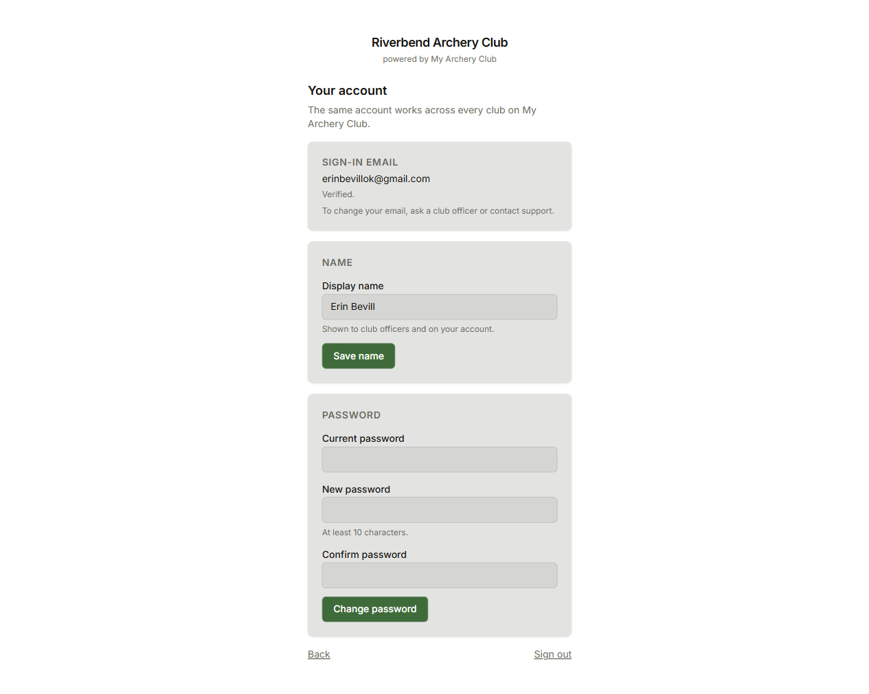 The account settings page: sign-in email, display name, and change-password fields