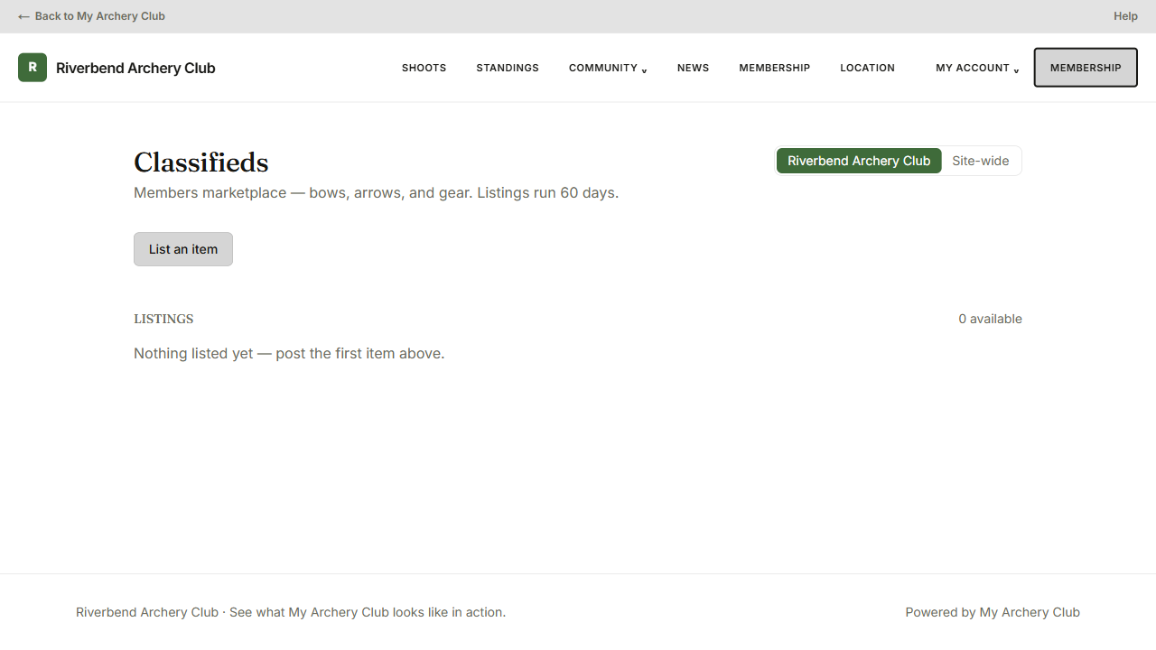 A club's classifieds listings with photos, prices, and categories