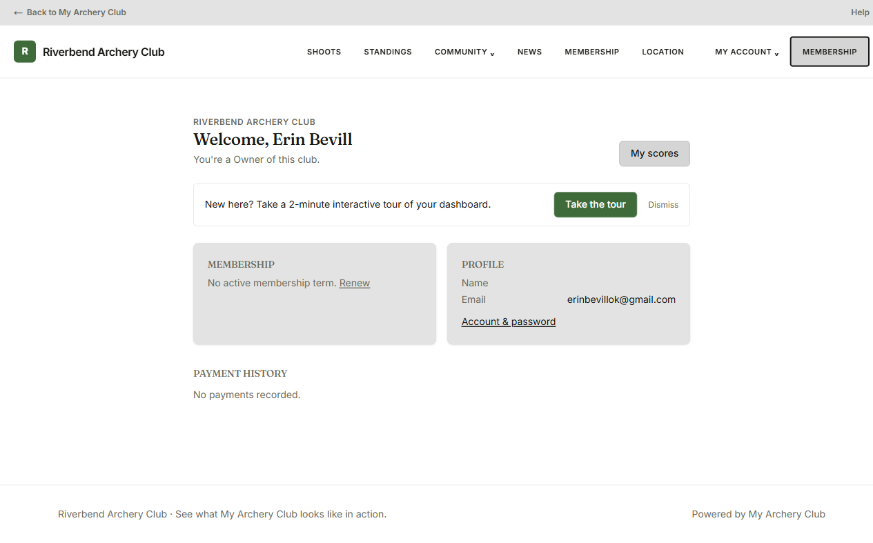 A member dashboard: the Membership card, the Profile card, and payment history