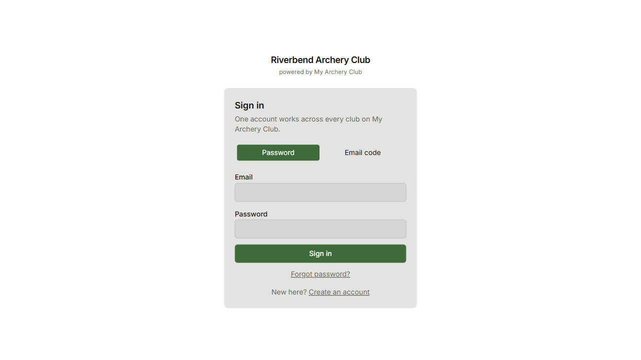 The sign-in screen you land on before joining a club, with password and email-code options and a link to create an account