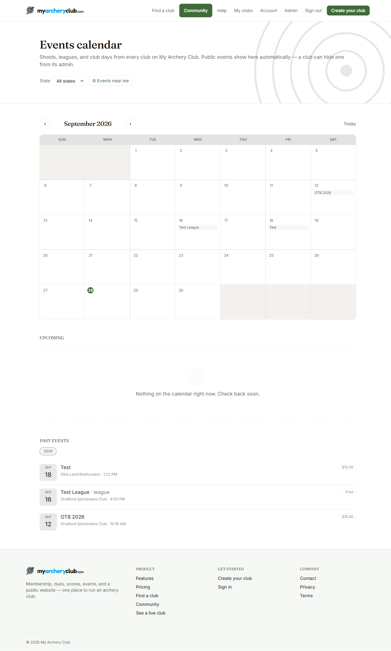 The sitewide events calendar listing upcoming shoots and leagues from clubs across the platform
